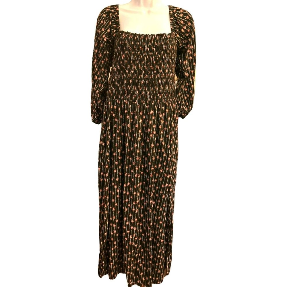 WAYF Women's Black Floral Nevaeh Smocked Lined Midi Dress Size Large Dry Clean